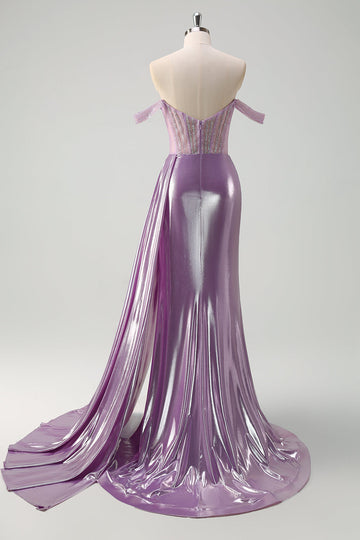 Viola chiaro fuori dalla spalla Watteau treno sirena corsetto metallico Abito da cerimonia